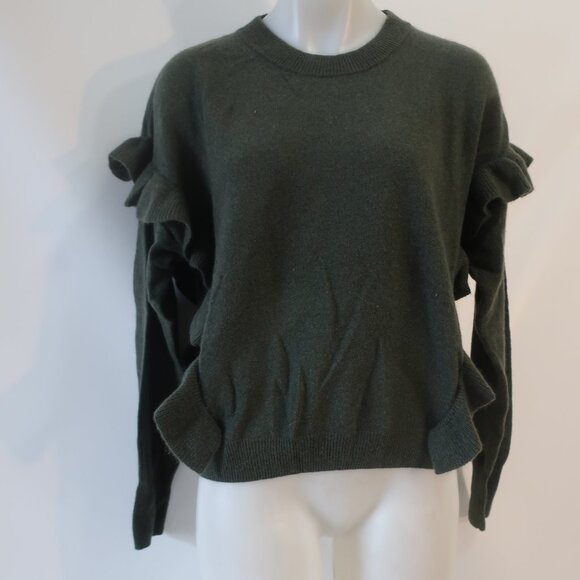 NWT Womens Crush Ribbed Durban Pure Cashmere Ruffle Khaki Green Sweater 1 US/S - Picture 5 of 13